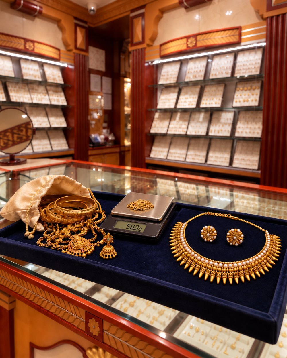 Old gold bangles, chains and a jhumka beside a new 22K gold necklace set and a gold scale on a navy tray at the Karat 22 counter