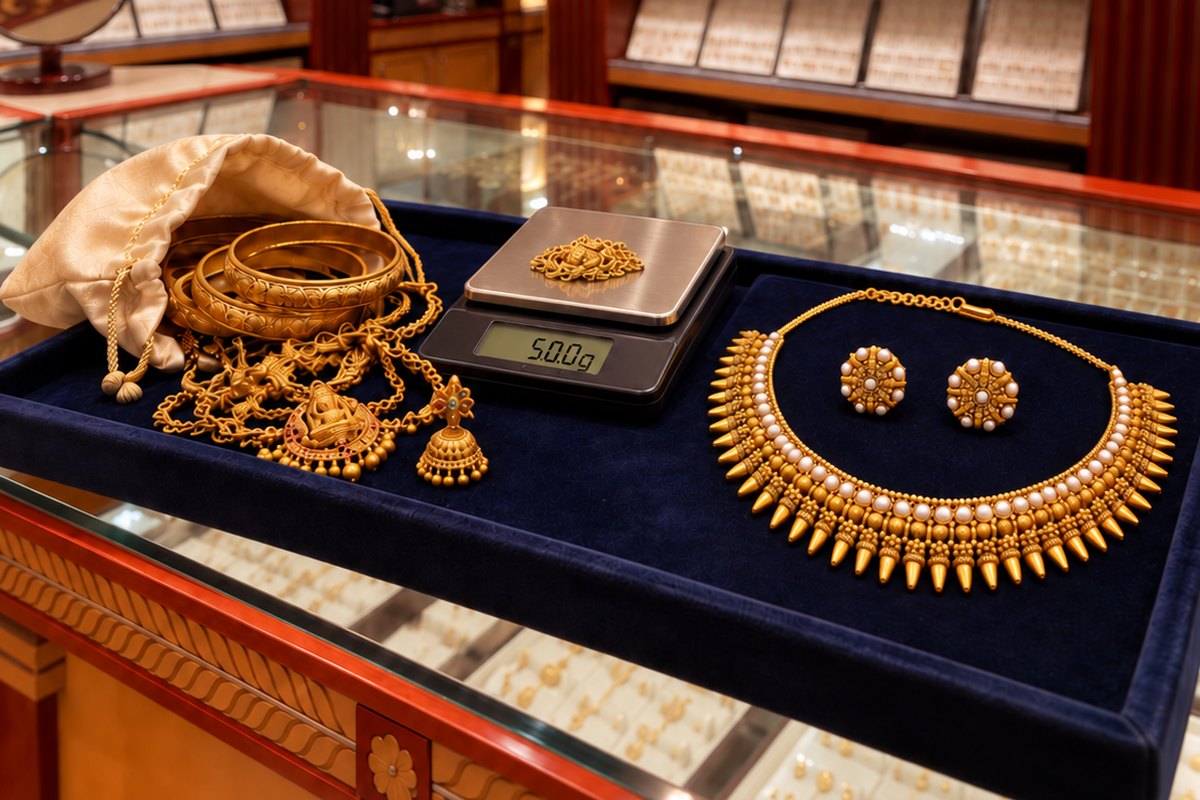 Old gold bangles, chains and a jhumka beside a new 22K gold necklace set and a gold scale on a navy tray at the Karat 22 Jewelers counter in Houston